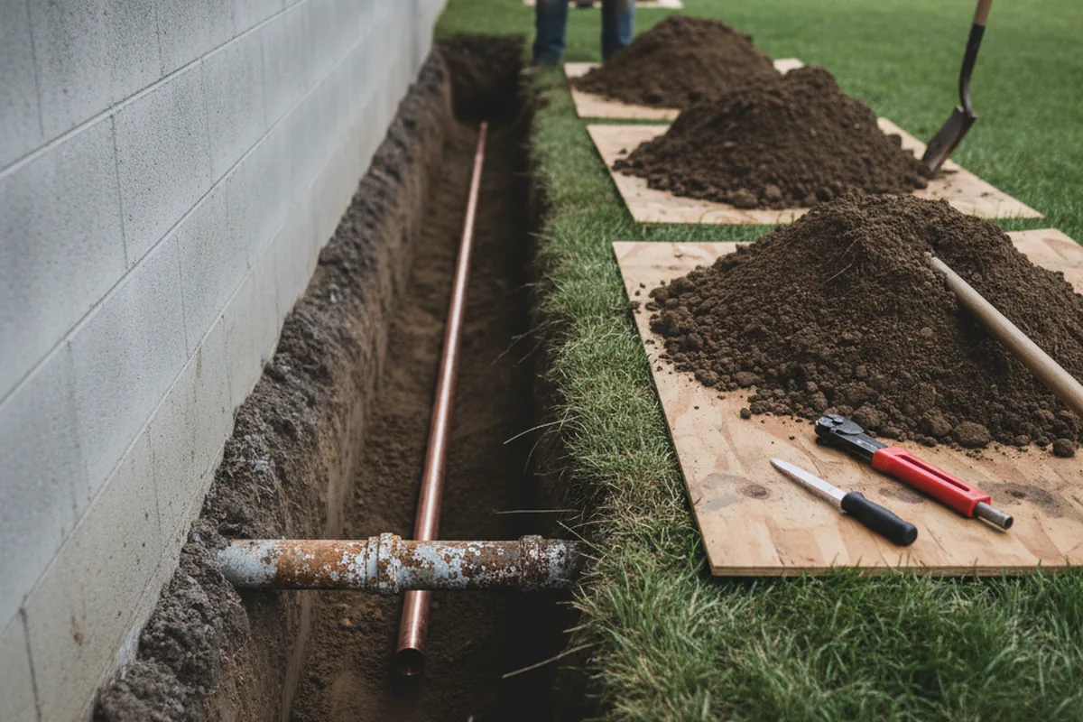 Excavated water line trench during Sewer Line Repair in Corcoran